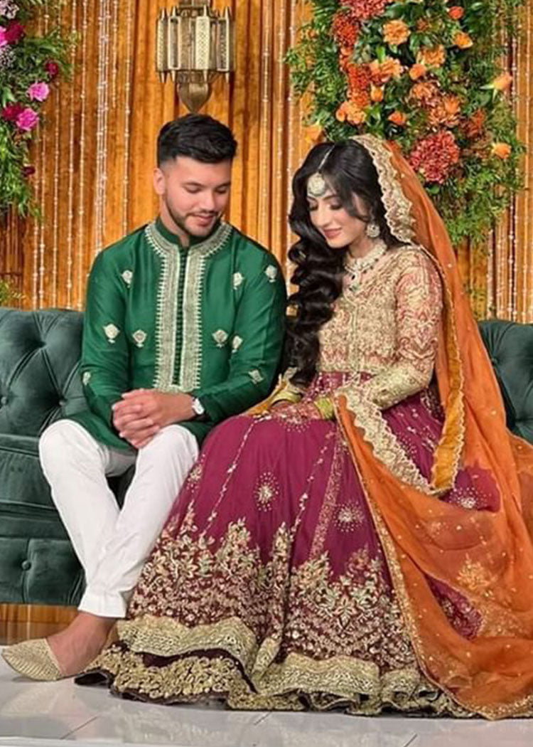 Pakistani Plum Gold Embroidered Raw Silk Bridal Lehenga (3-Piece) - Image 2