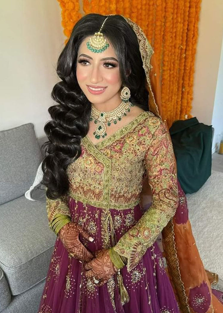 Pakistani Plum Gold Embroidered Raw Silk Bridal Lehenga (3-Piece) - Image 3