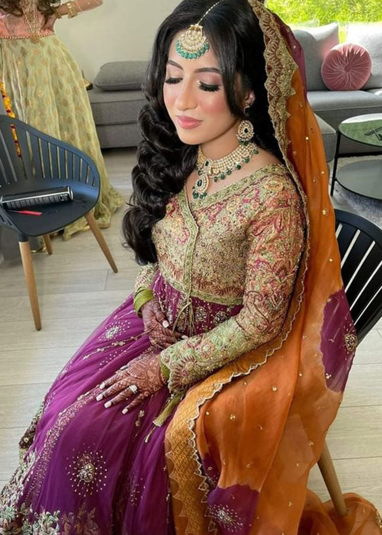 Pakistani Plum Gold Embroidered Raw Silk Bridal Lehenga (3-Piece) - Image 4