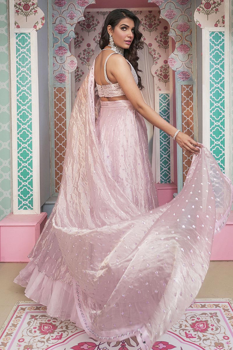 Lilac Swarovski Embellished Satin-Silk Lehenga (3-Piece) - Image 3