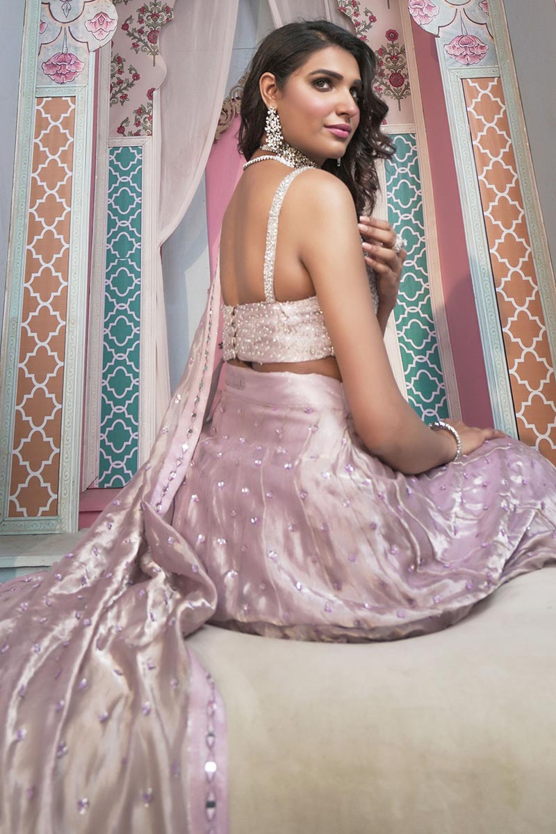 Lilac Swarovski Embellished Satin-Silk Lehenga (3-Piece) - Image 5