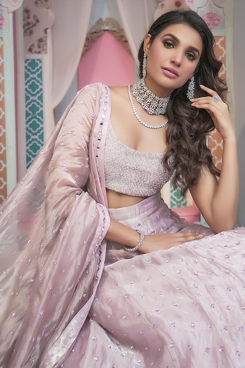 Lilac Swarovski Embellished Satin-Silk Lehenga (3-Piece) - Image 6