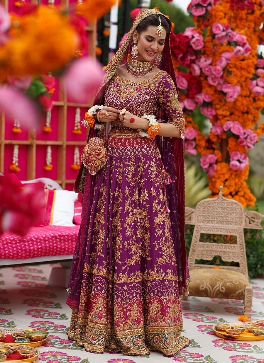 Pakistani Aubergine Aari Zardozi Pure Silk Lehnga Choli (3-Piece) - Image 1