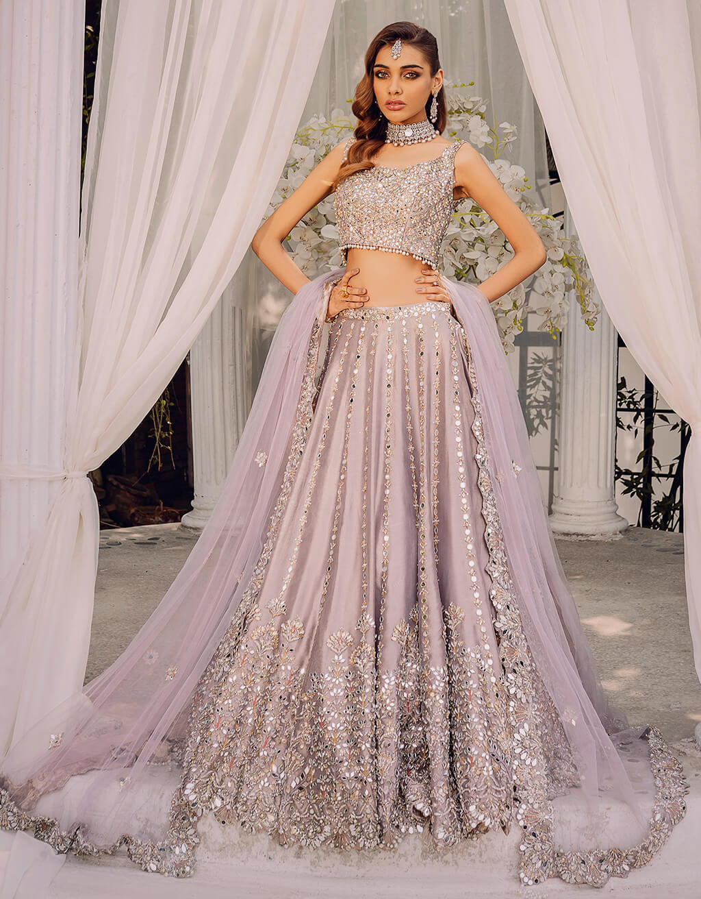 Lilac Mirror Embroidered Silk-Blend Lehenga Choli (3-Piece) - Image 1