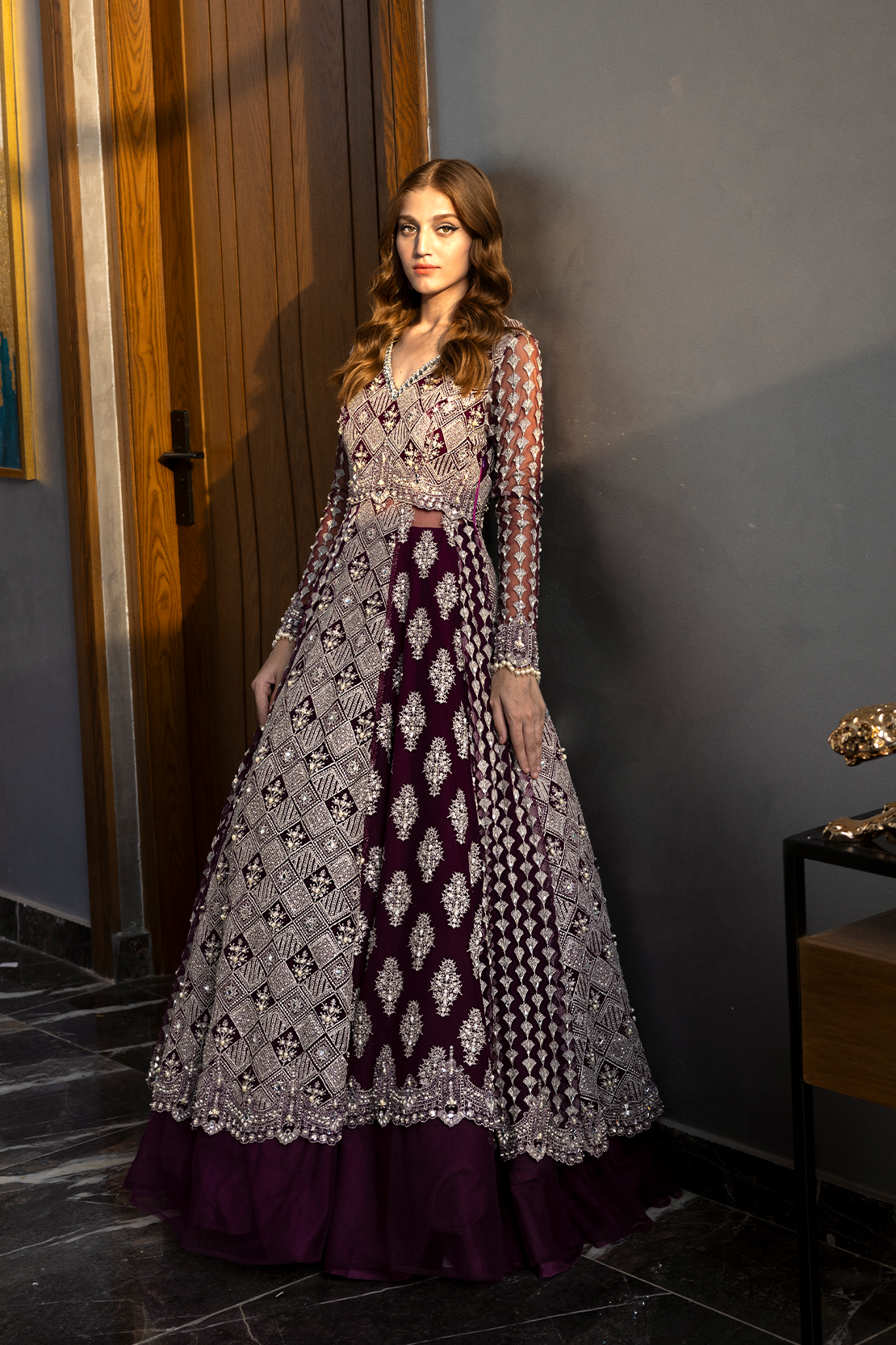 Pakistani Deep Purple Embroidered Silk-Blend Lehenga Set (2-Piece) - Image 1