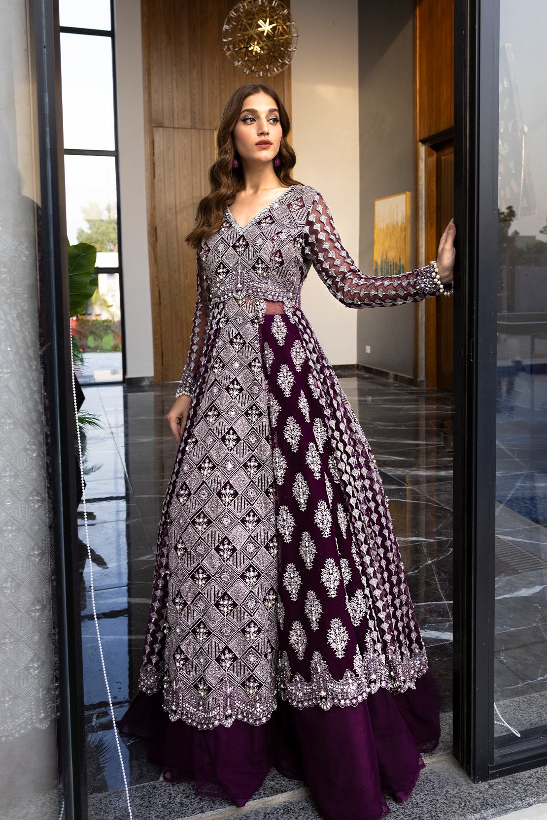 Pakistani Deep Purple Embroidered Silk-Blend Lehenga Set (2-Piece) - Image 10