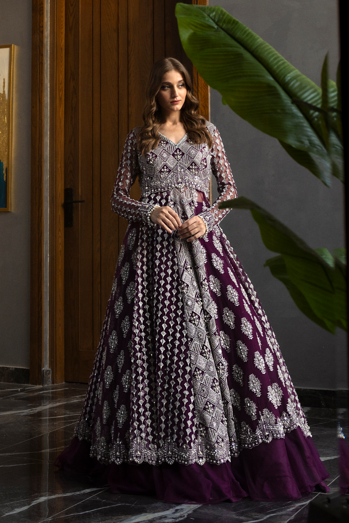 Pakistani Deep Purple Embroidered Silk-Blend Lehenga Set (2-Piece) - Image 11