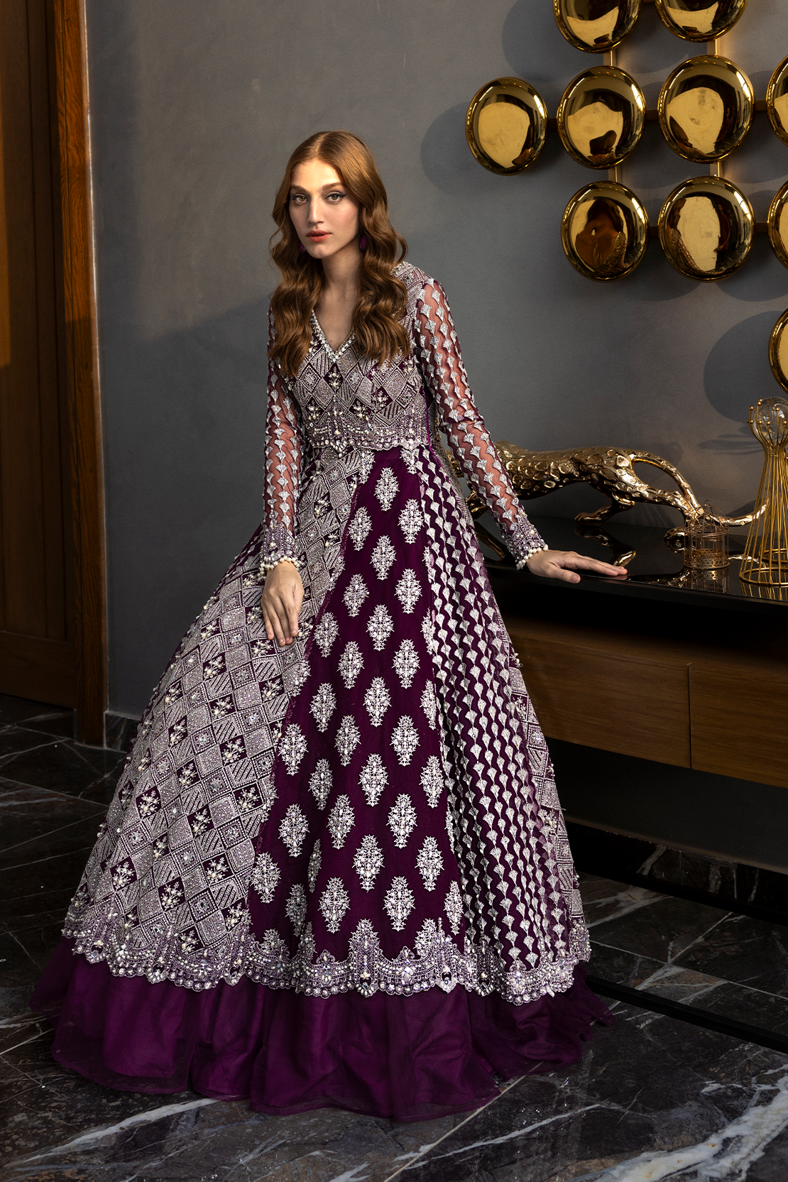 Pakistani Deep Purple Embroidered Silk-Blend Lehenga Set (2-Piece) - Image 3