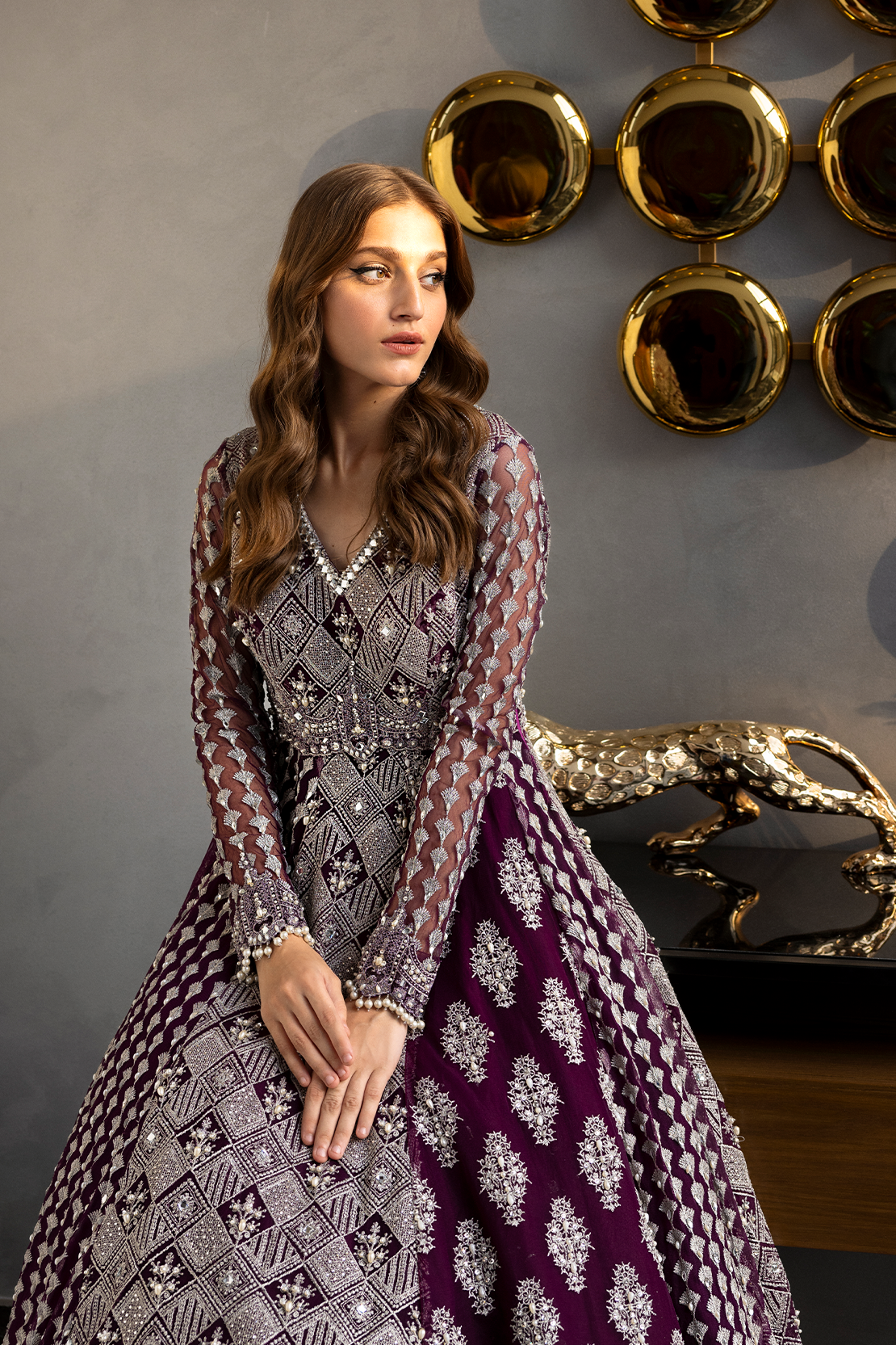 Pakistani Deep Purple Embroidered Silk-Blend Lehenga Set (2-Piece) - Image 4