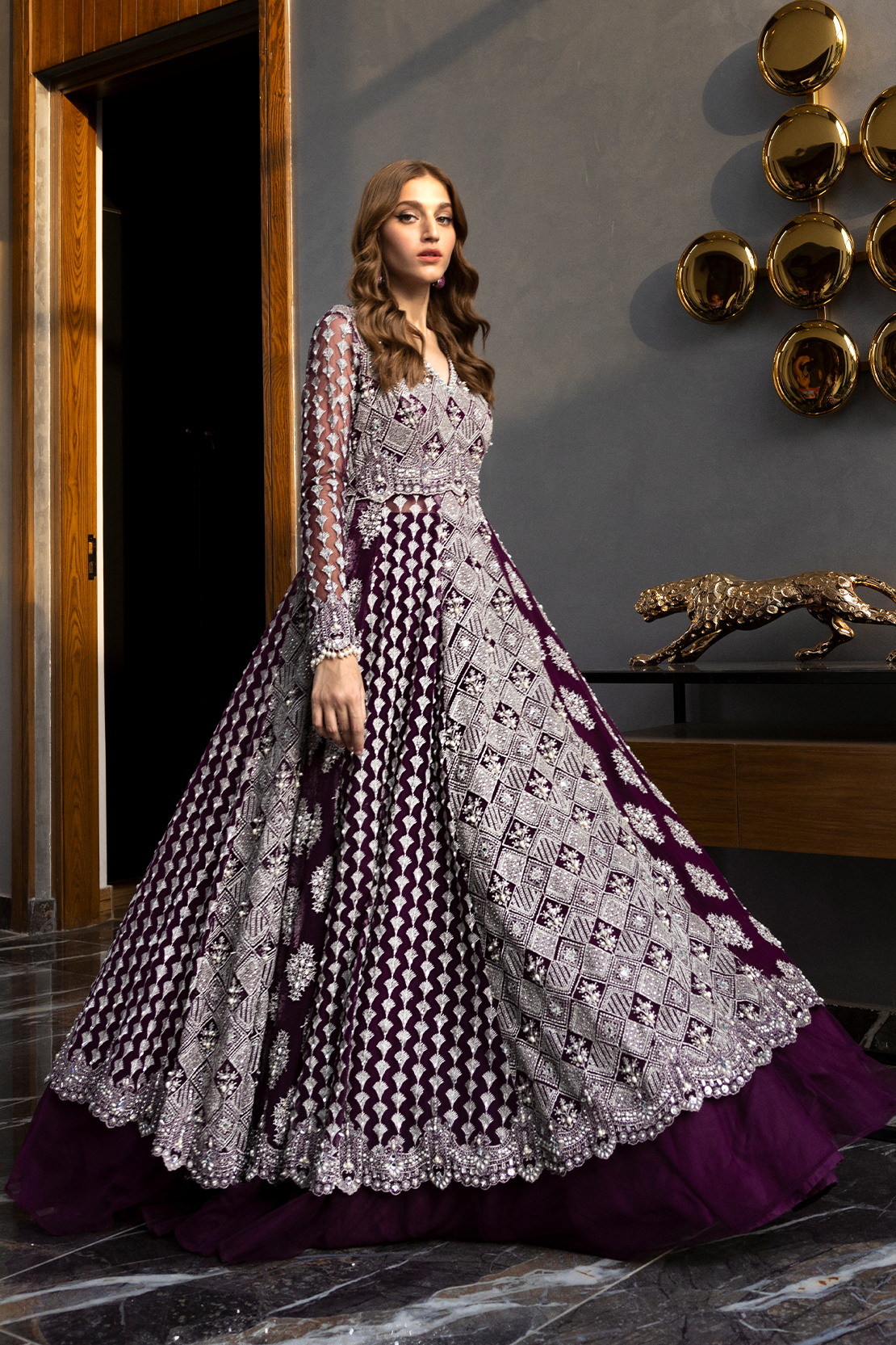 Pakistani Deep Purple Embroidered Silk-Blend Lehenga Set (2-Piece) - Image 7