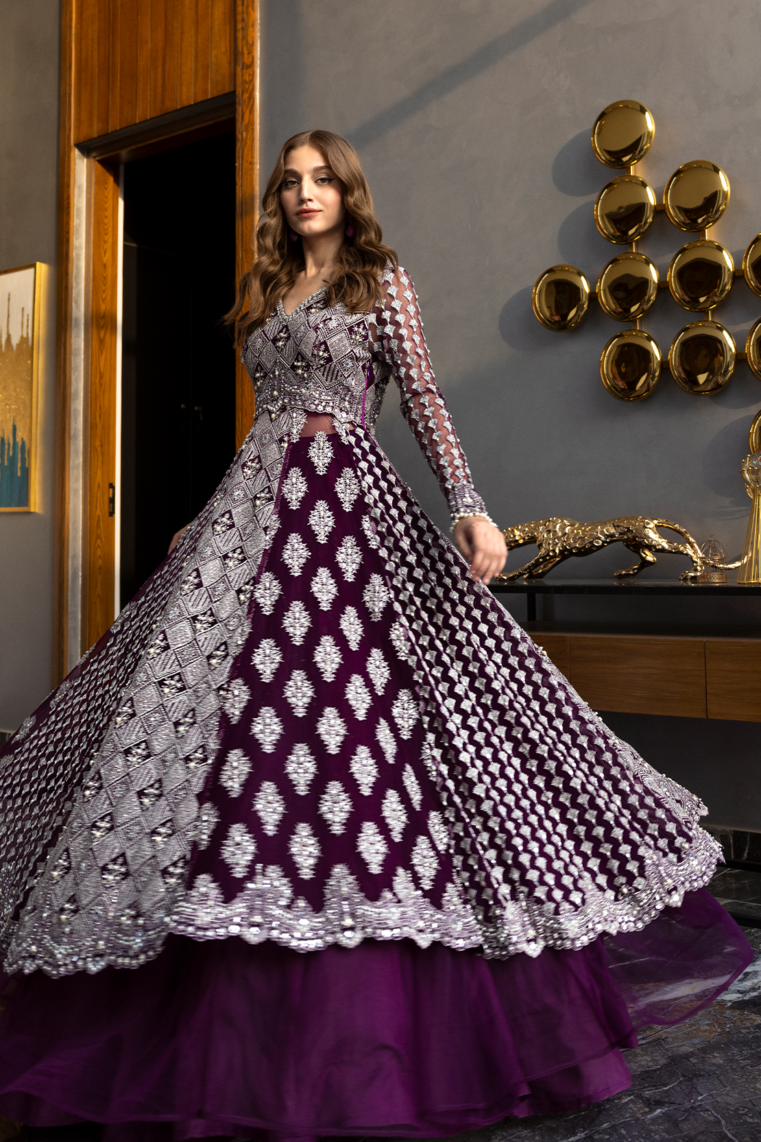 Pakistani Deep Purple Embroidered Silk-Blend Lehenga Set (2-Piece) - Image 8