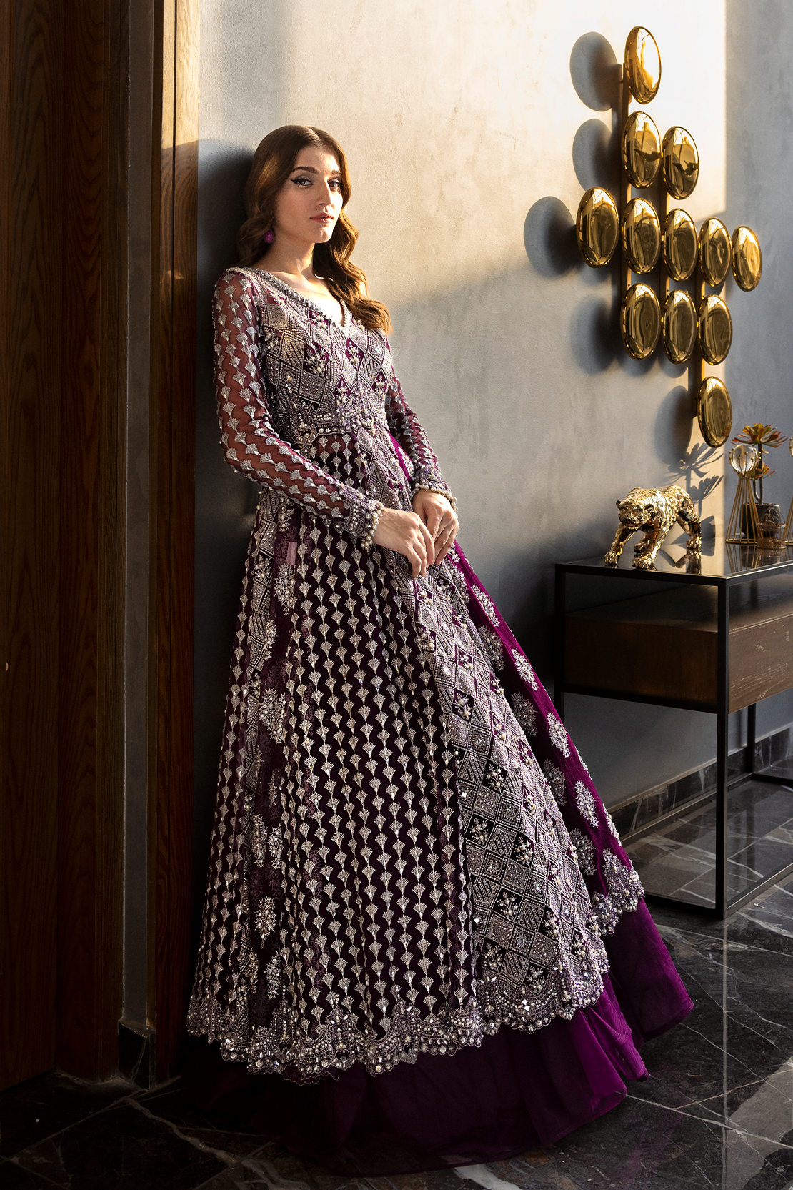 Pakistani Deep Purple Embroidered Silk-Blend Lehenga Set (2-Piece) - Image 9