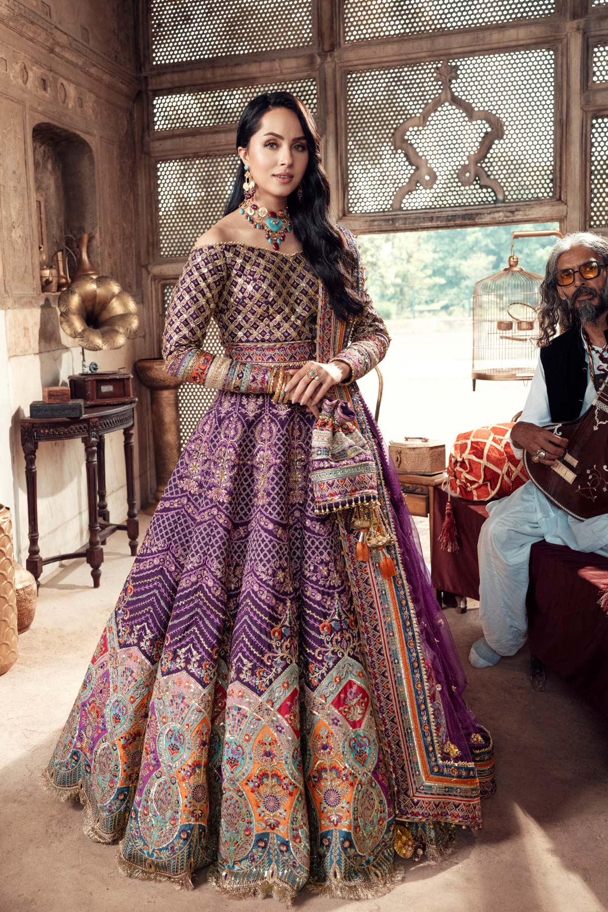 Pakistani Plum Embroidered Silk & Net Lehenga Choli (3-Piece) - Image 1