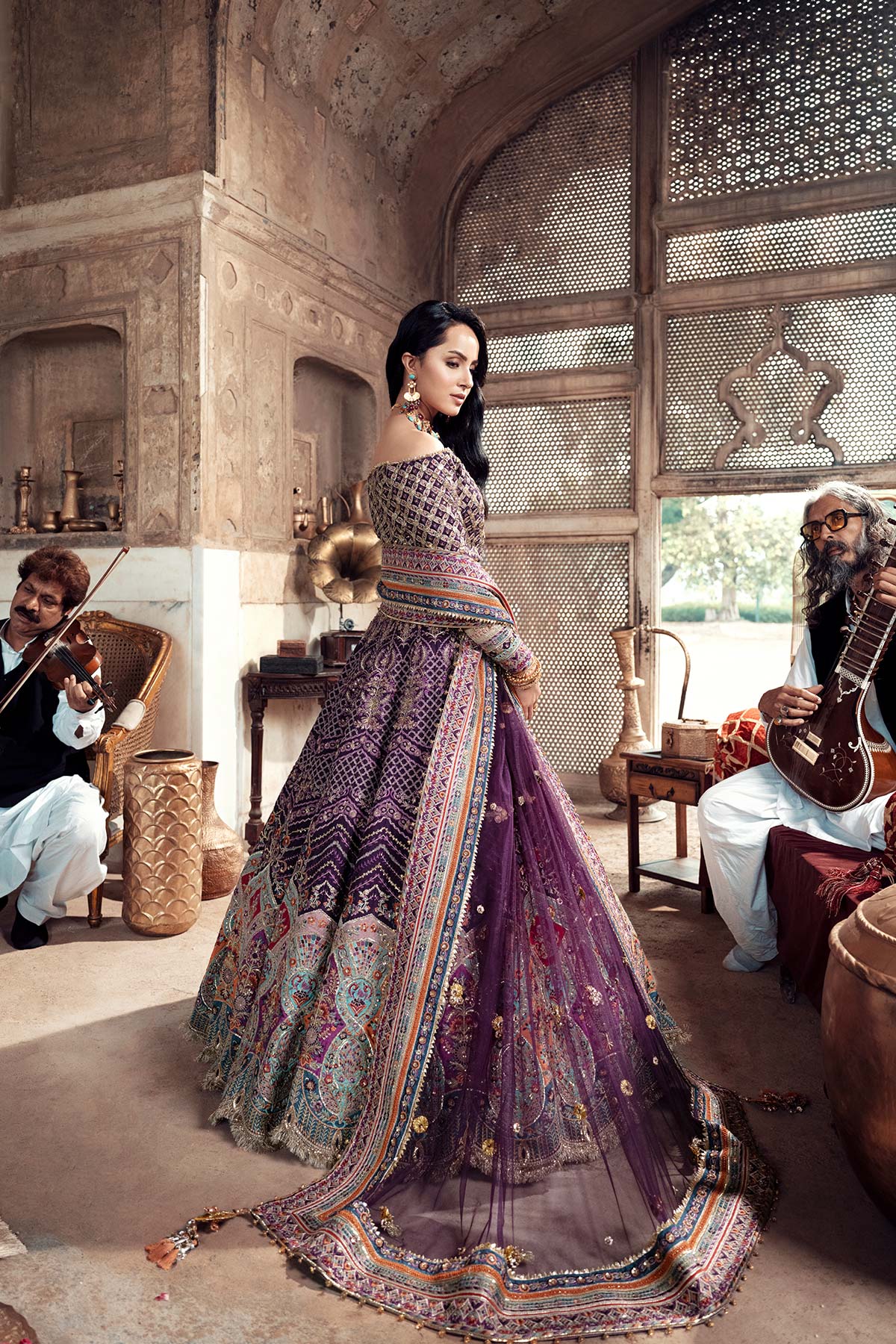 Pakistani Plum Embroidered Silk & Net Lehenga Choli (3-Piece) - Image 2