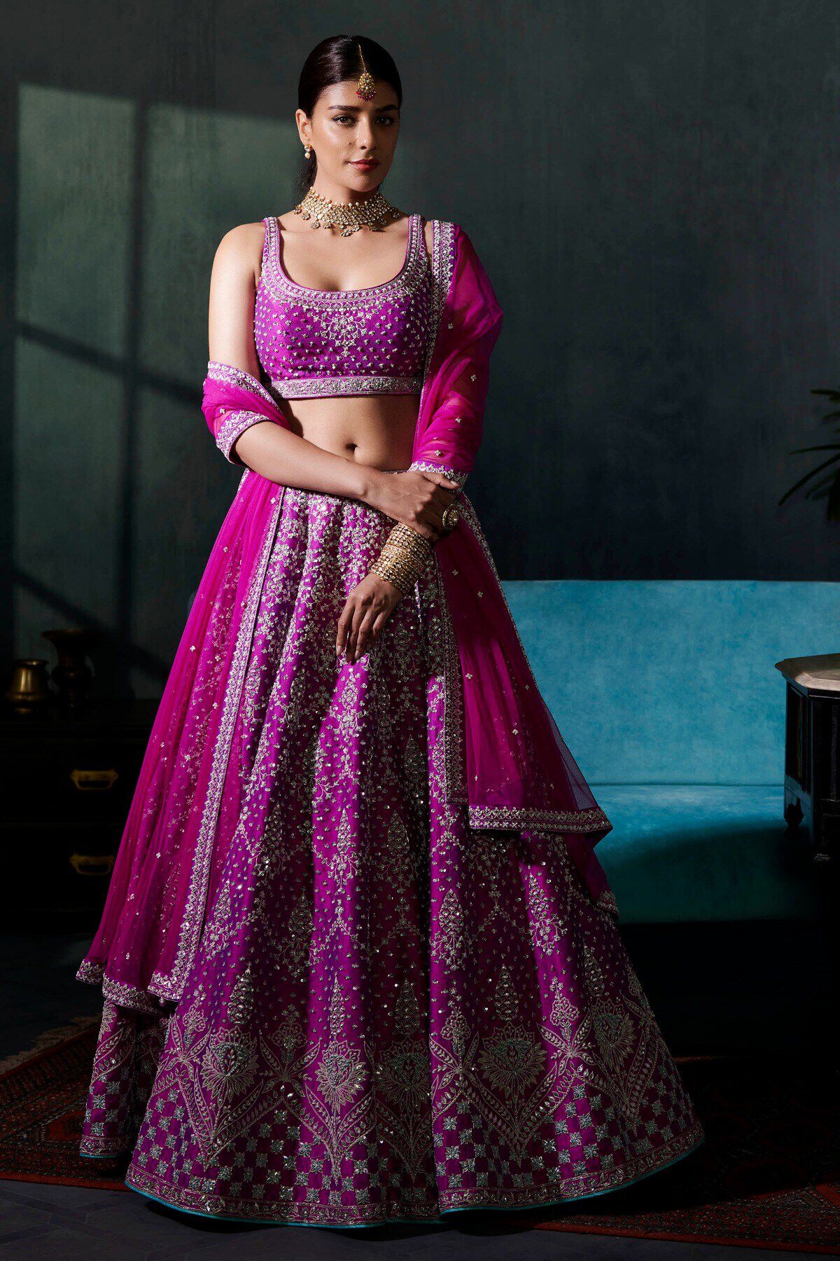 Indian Vivid Violet Gota Patti Zardozi Silk Lehenga (3-Piece) - Image 1