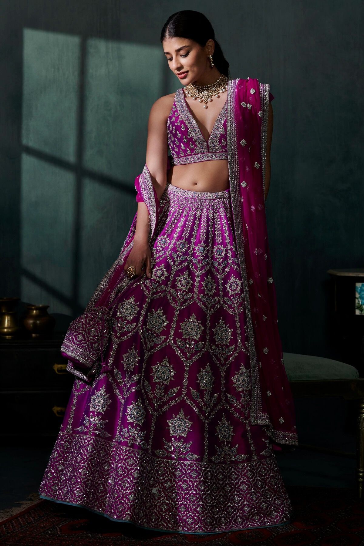 Indian Vivid Violet Embroidered Silk Lehenga Set (3-Piece) - Image 1