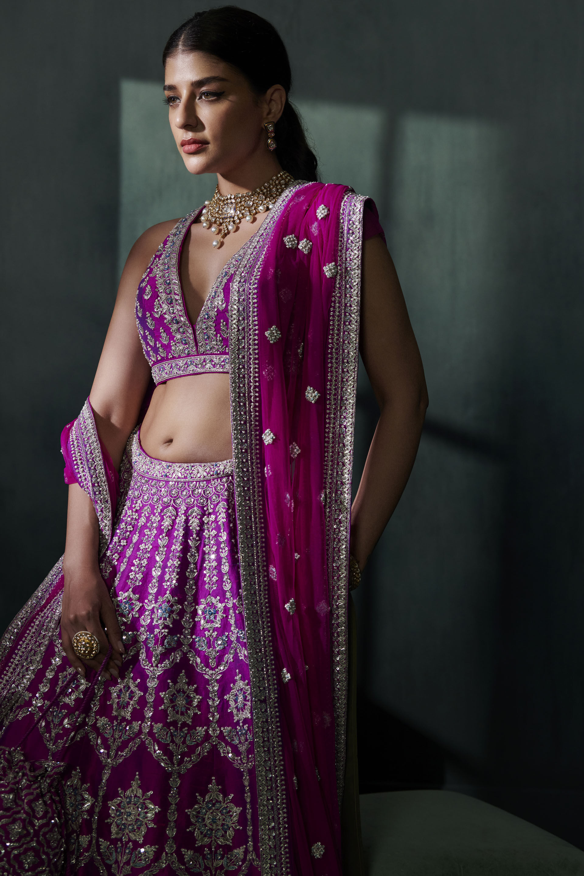 Indian Vivid Violet Embroidered Silk Lehenga Set (3-Piece) - Image 3