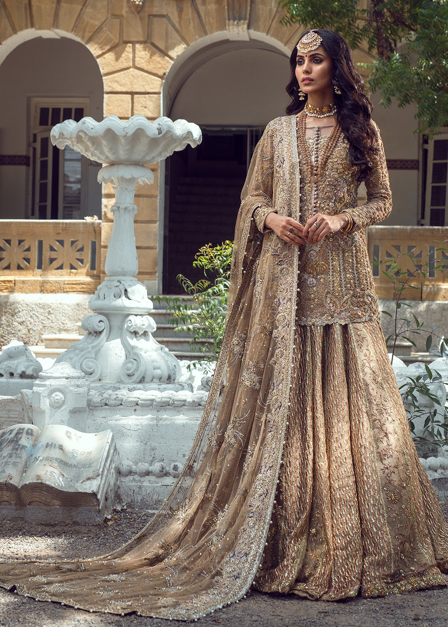 Pakistani Lavender Gold Embroidered French Net Bridal Lehenga (3-Piece) - Image 1