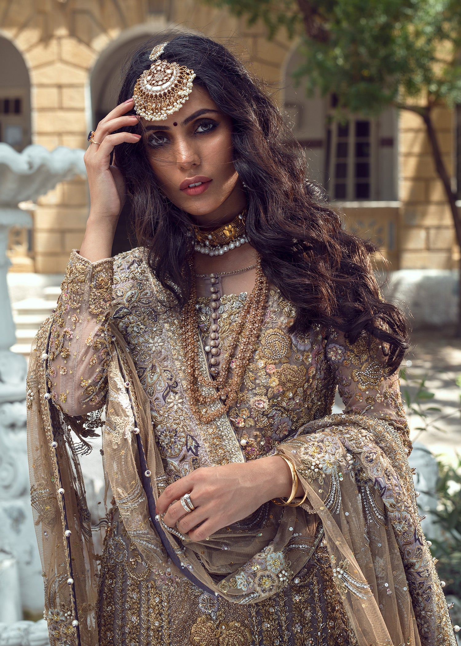 Pakistani Lavender Gold Embroidered French Net Bridal Lehenga (3-Piece) - Image 2