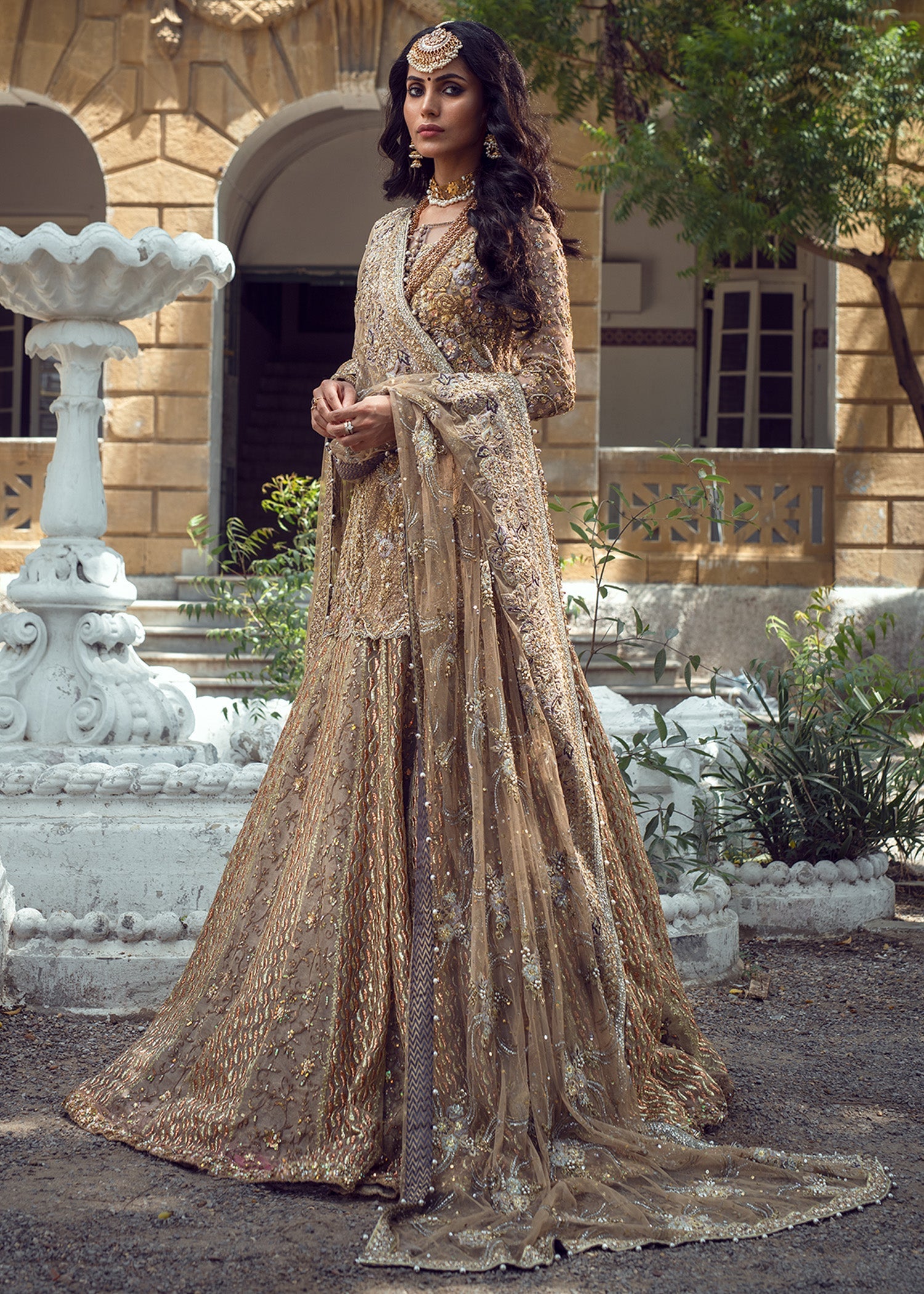 Pakistani Lavender Gold Embroidered French Net Bridal Lehenga (3-Piece) - Image 3