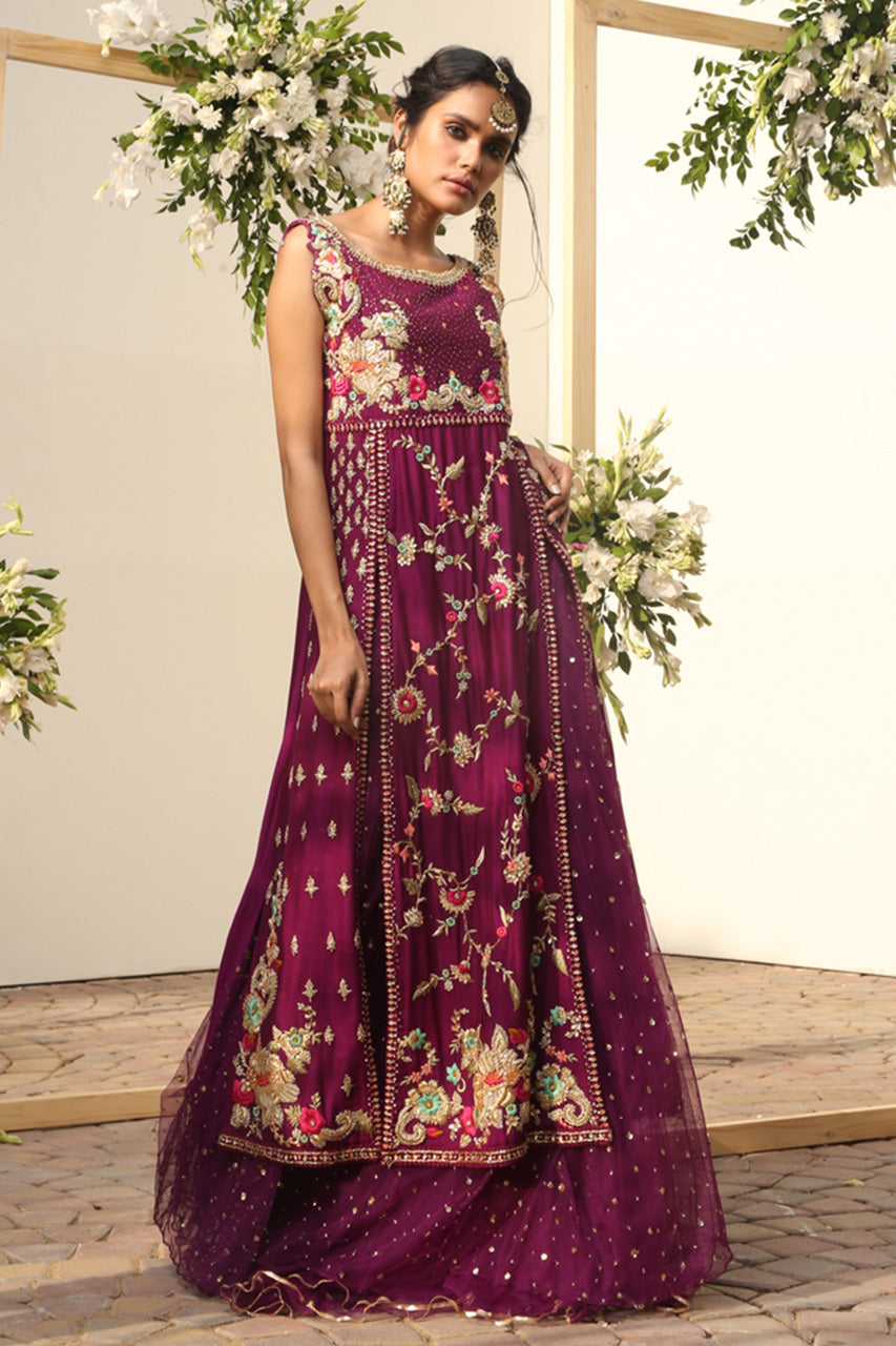 Deep Purple Embroidered Silk & Net Lehenga (3-Piece) - Image 1