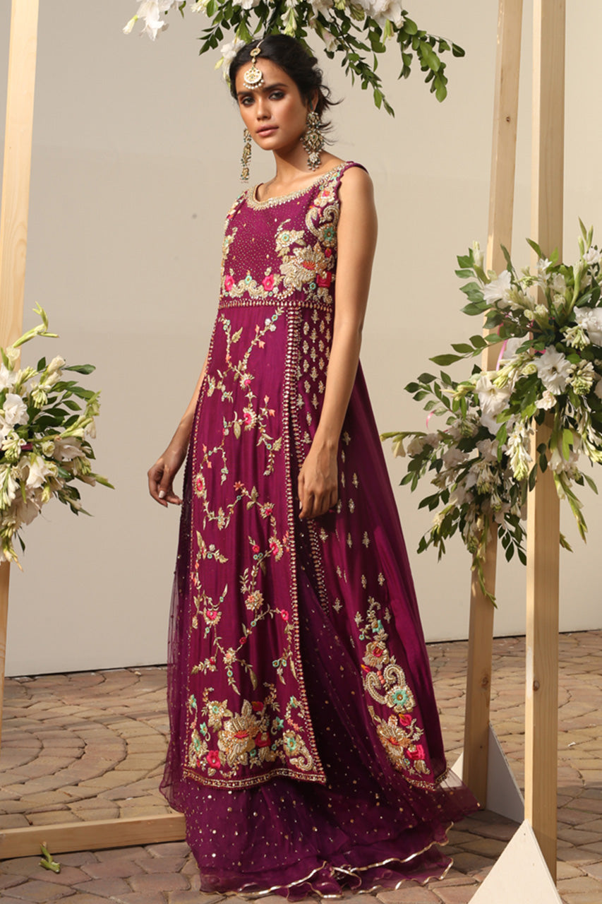 Deep Purple Embroidered Silk & Net Lehenga (3-Piece) - Image 2