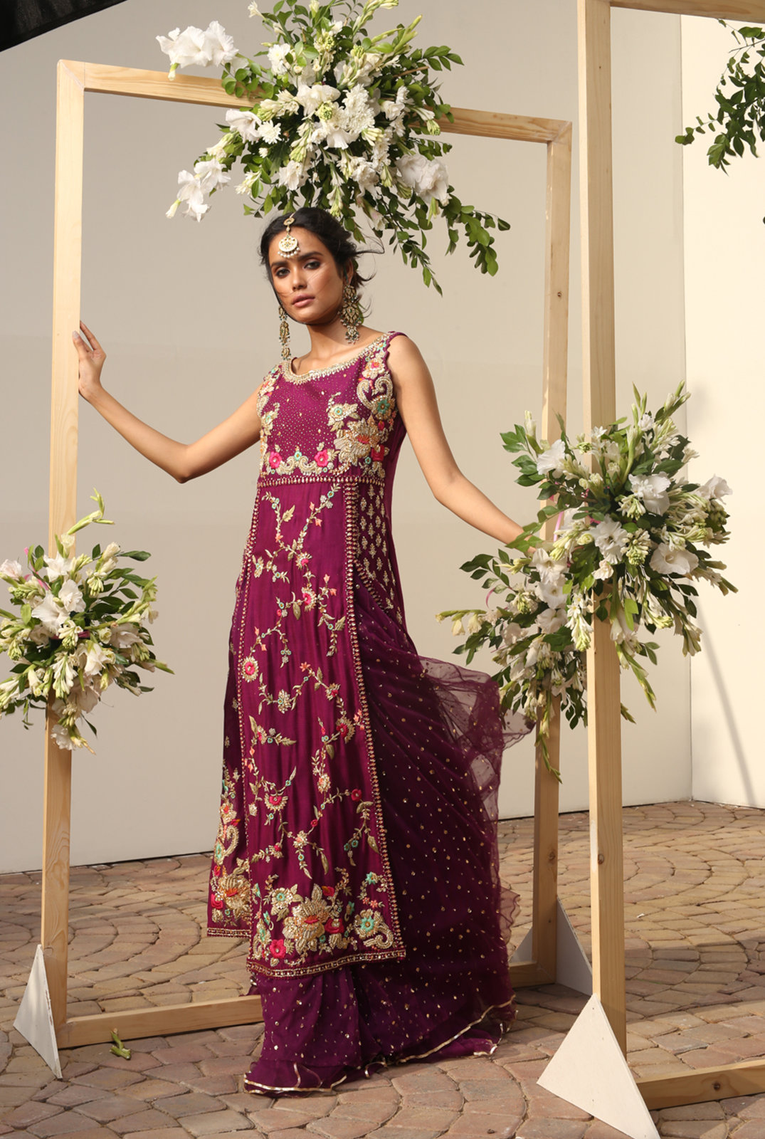 Deep Purple Embroidered Silk & Net Lehenga (3-Piece) - Image 3