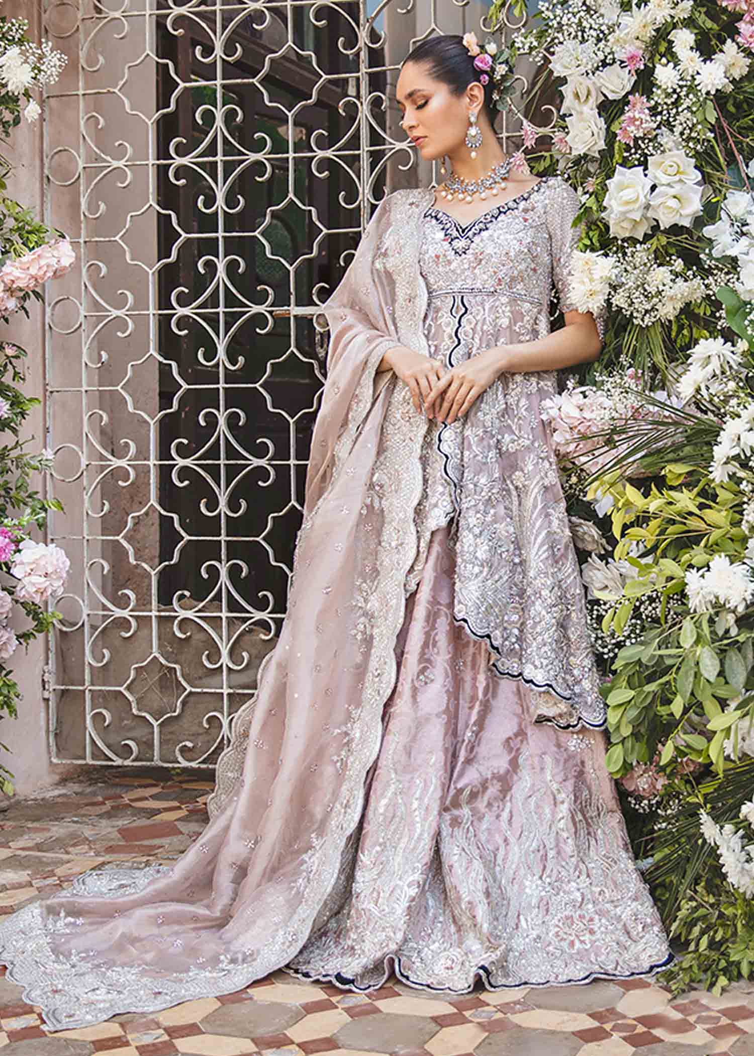 Pakistani Dusty Lilac Embellished Silk Bridal Lehenga (3-Piece) - Image 1