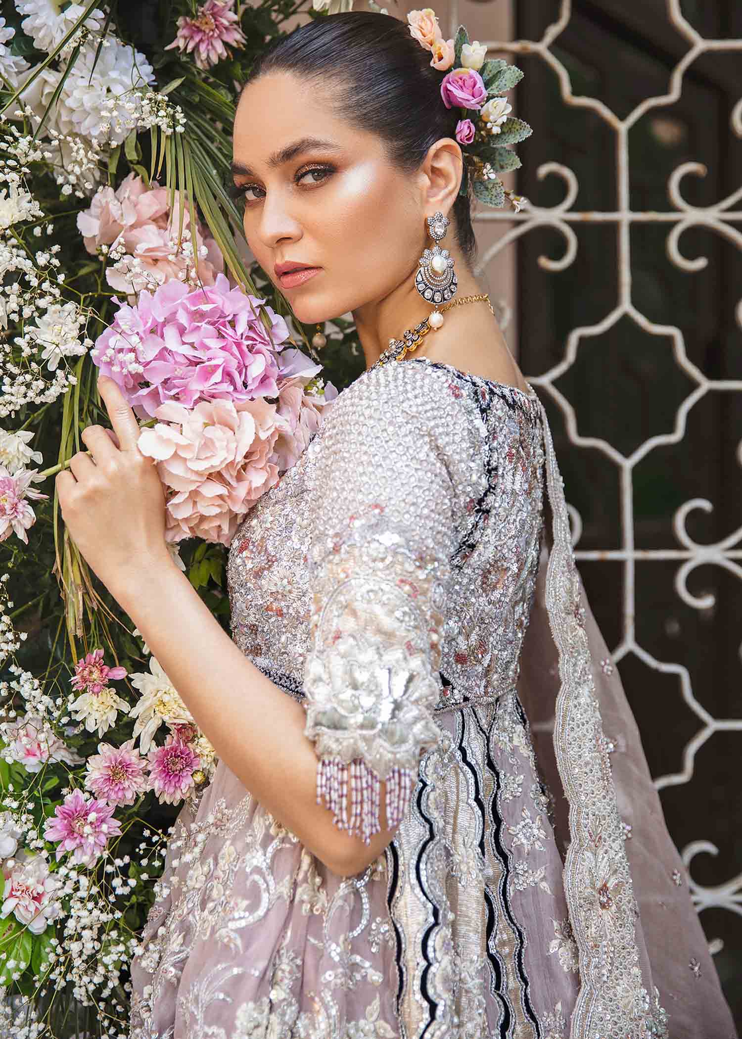 Pakistani Dusty Lilac Embellished Silk Bridal Lehenga (3-Piece) - Image 4