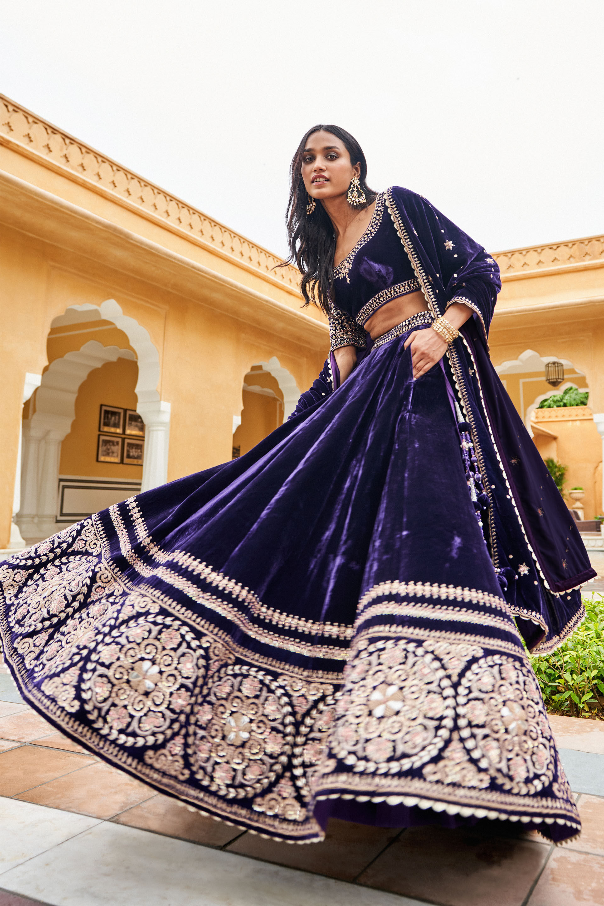Indian Purple Zardozi & Gota Patti Silk Bridal Lehenga (3-Piece) - Image 3