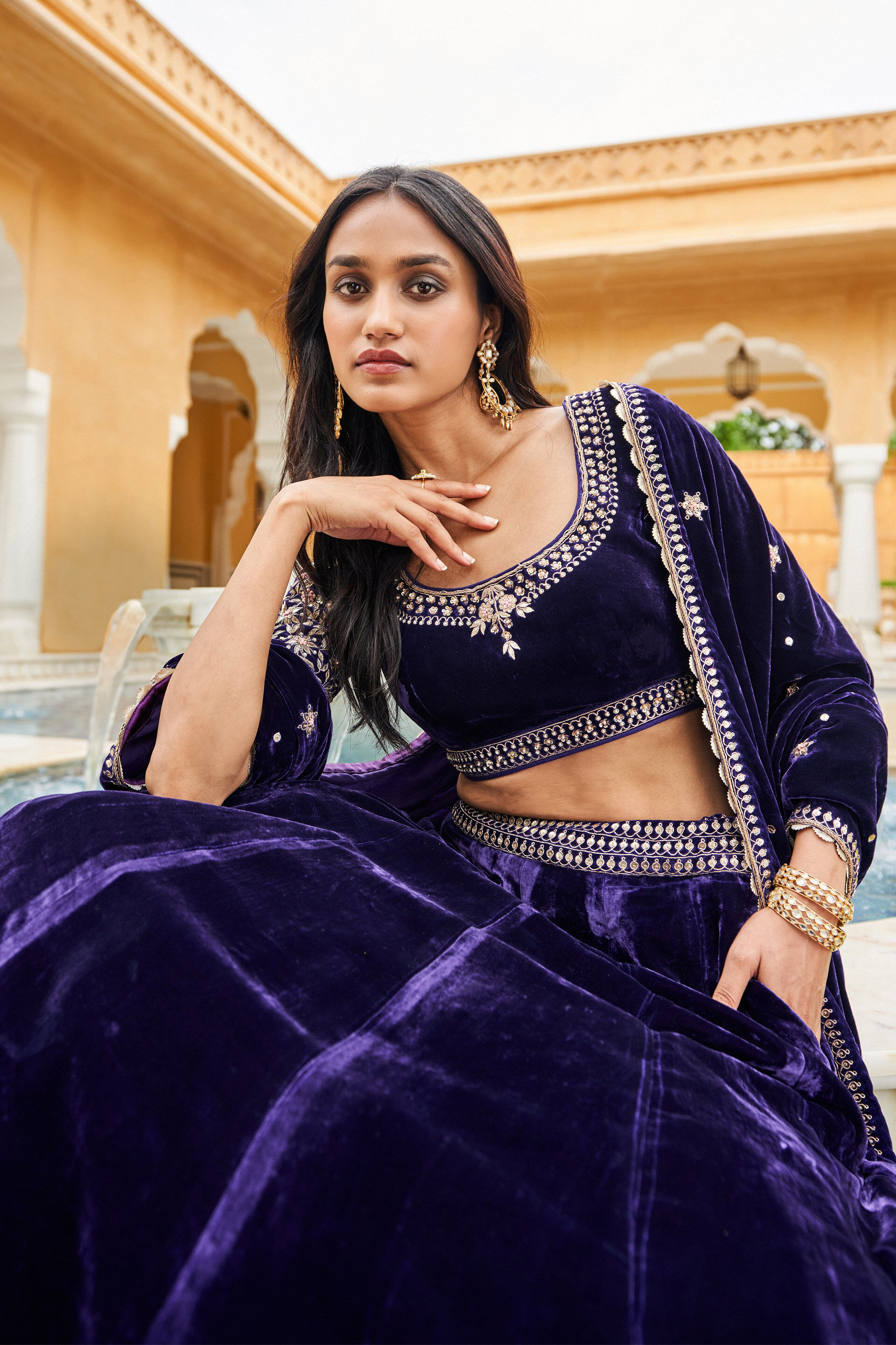 Indian Purple Zardozi & Gota Patti Silk Bridal Lehenga (3-Piece) - Image 4