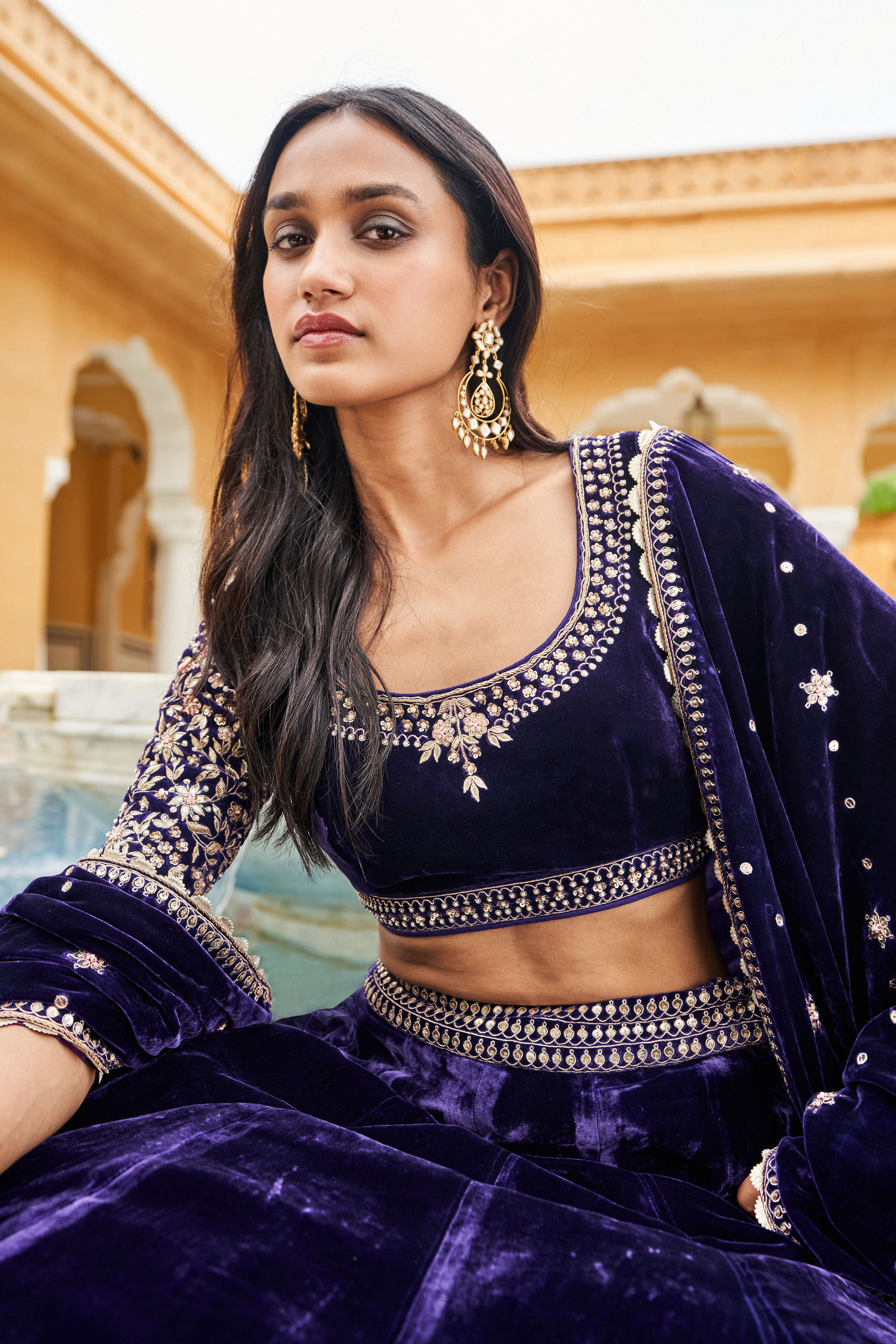 Indian Purple Zardozi & Gota Patti Silk Bridal Lehenga (3-Piece) - Image 5