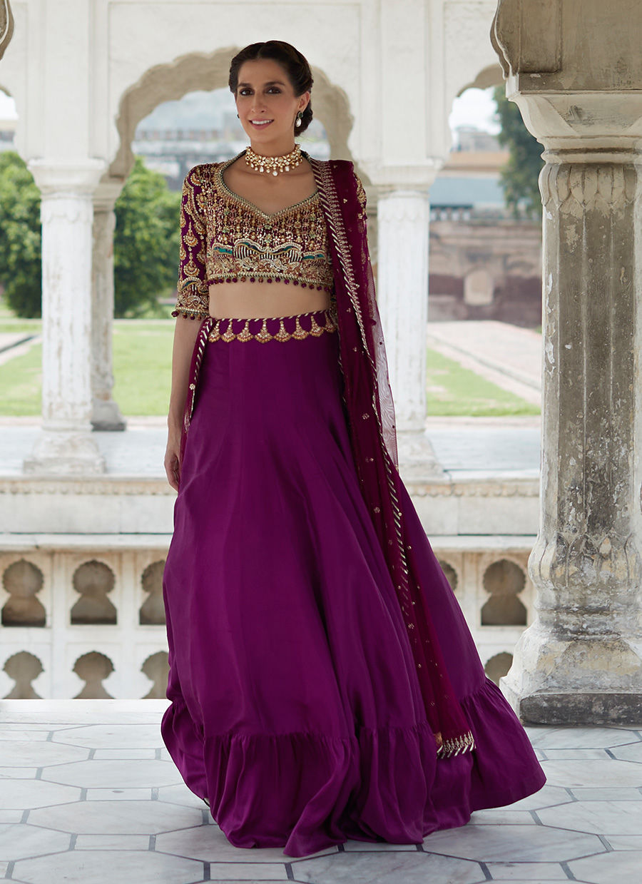 Plum Purple Embroidered Pure Silk Lehenga Choli (3-Piece) - Image 1