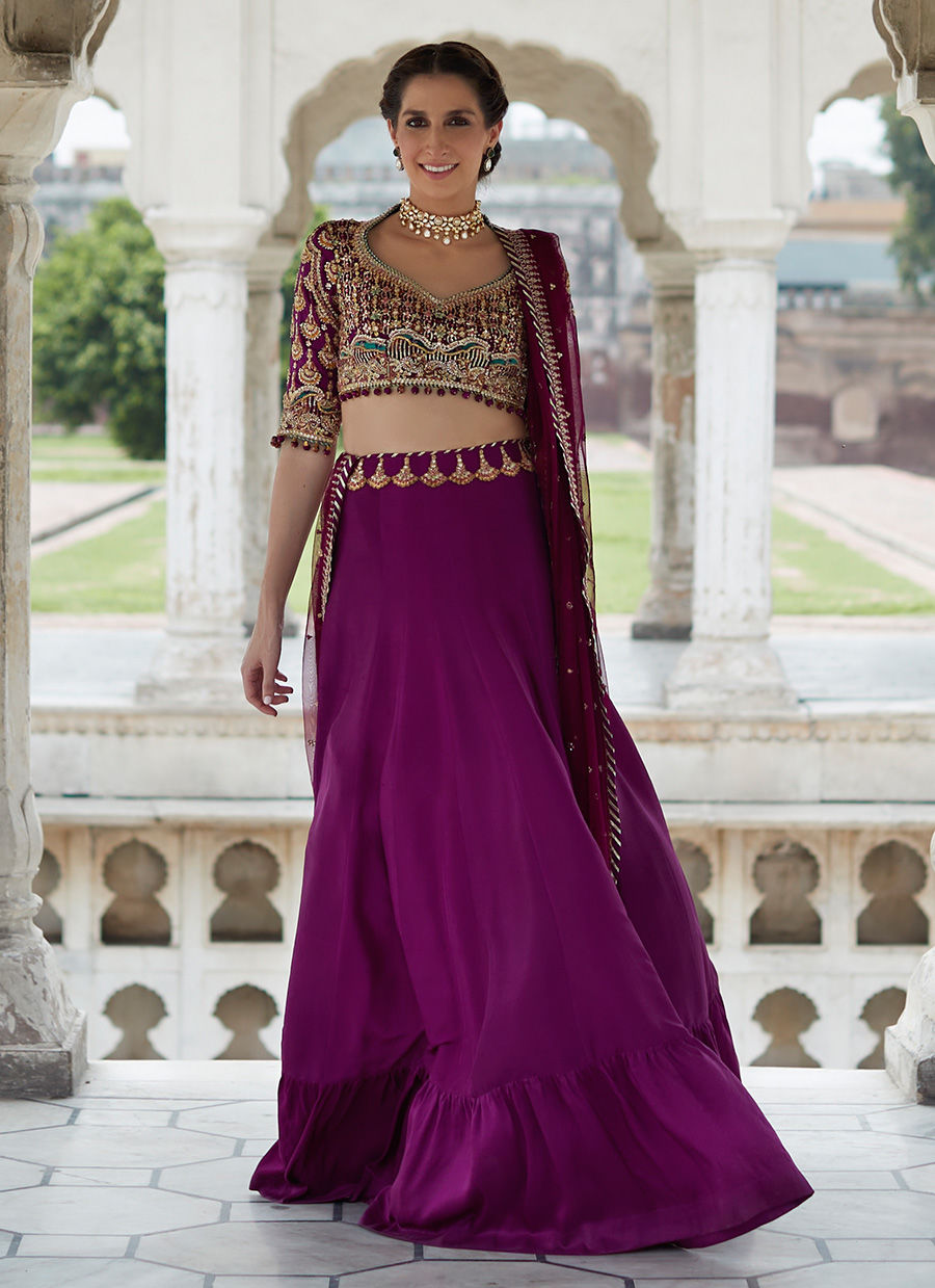 Plum Purple Embroidered Pure Silk Lehenga Choli (3-Piece) - Image 2