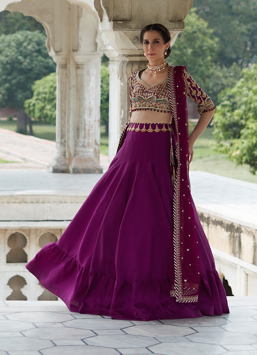 Plum Purple Embroidered Pure Silk Lehenga Choli (3-Piece) - Image 3