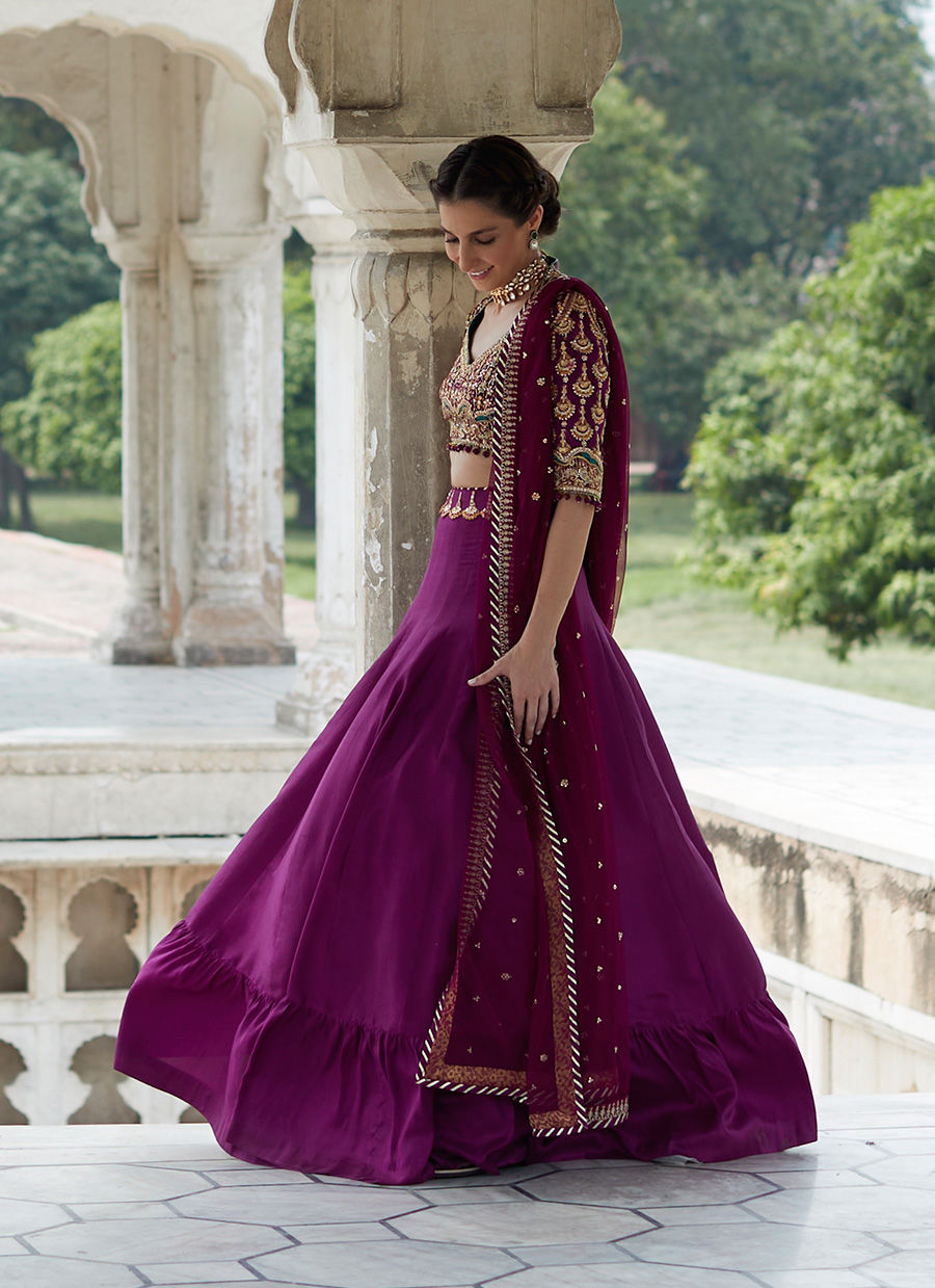 Plum Purple Embroidered Pure Silk Lehenga Choli (3-Piece) - Image 4