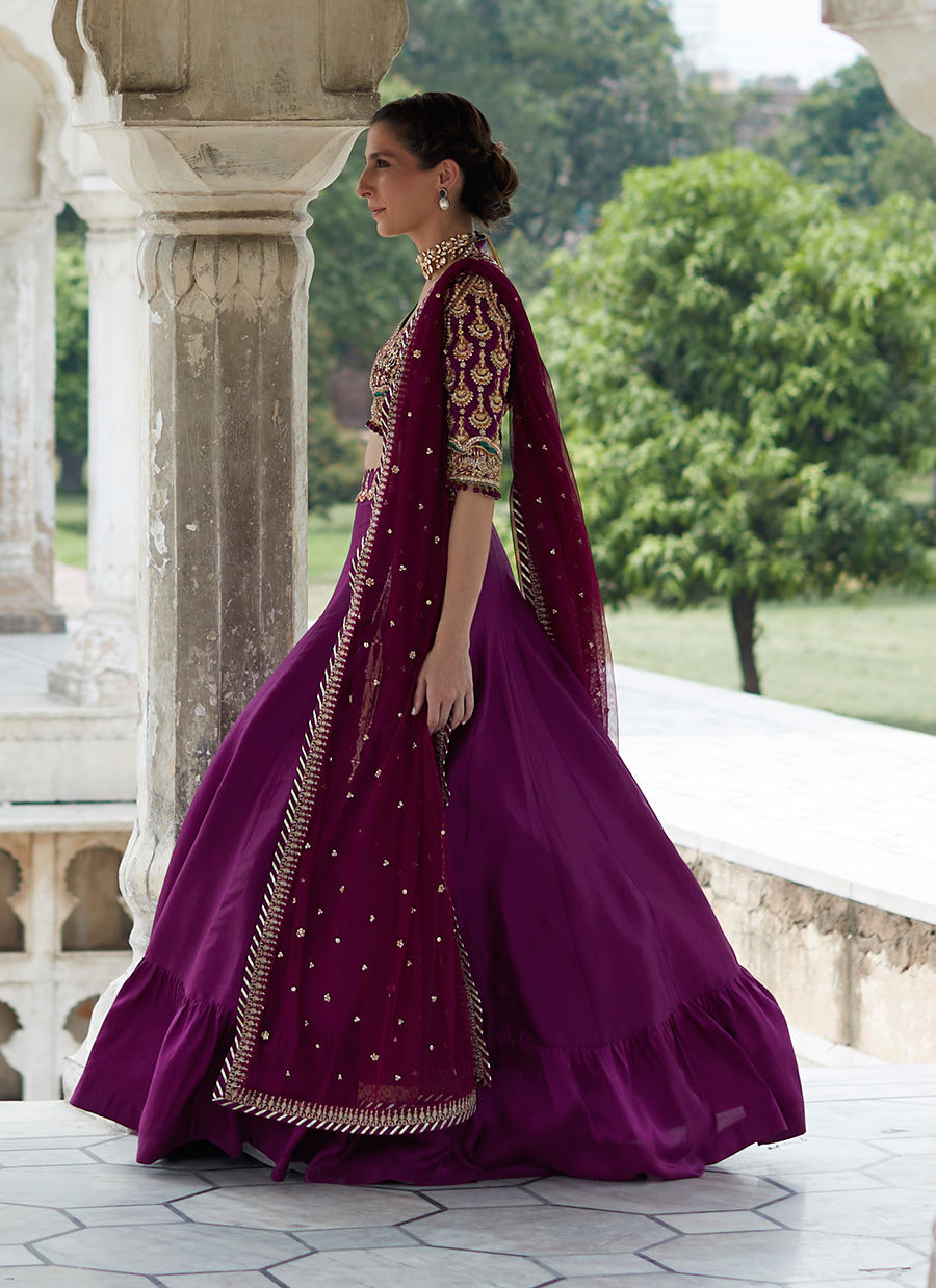 Plum Purple Embroidered Pure Silk Lehenga Choli (3-Piece) - Image 5