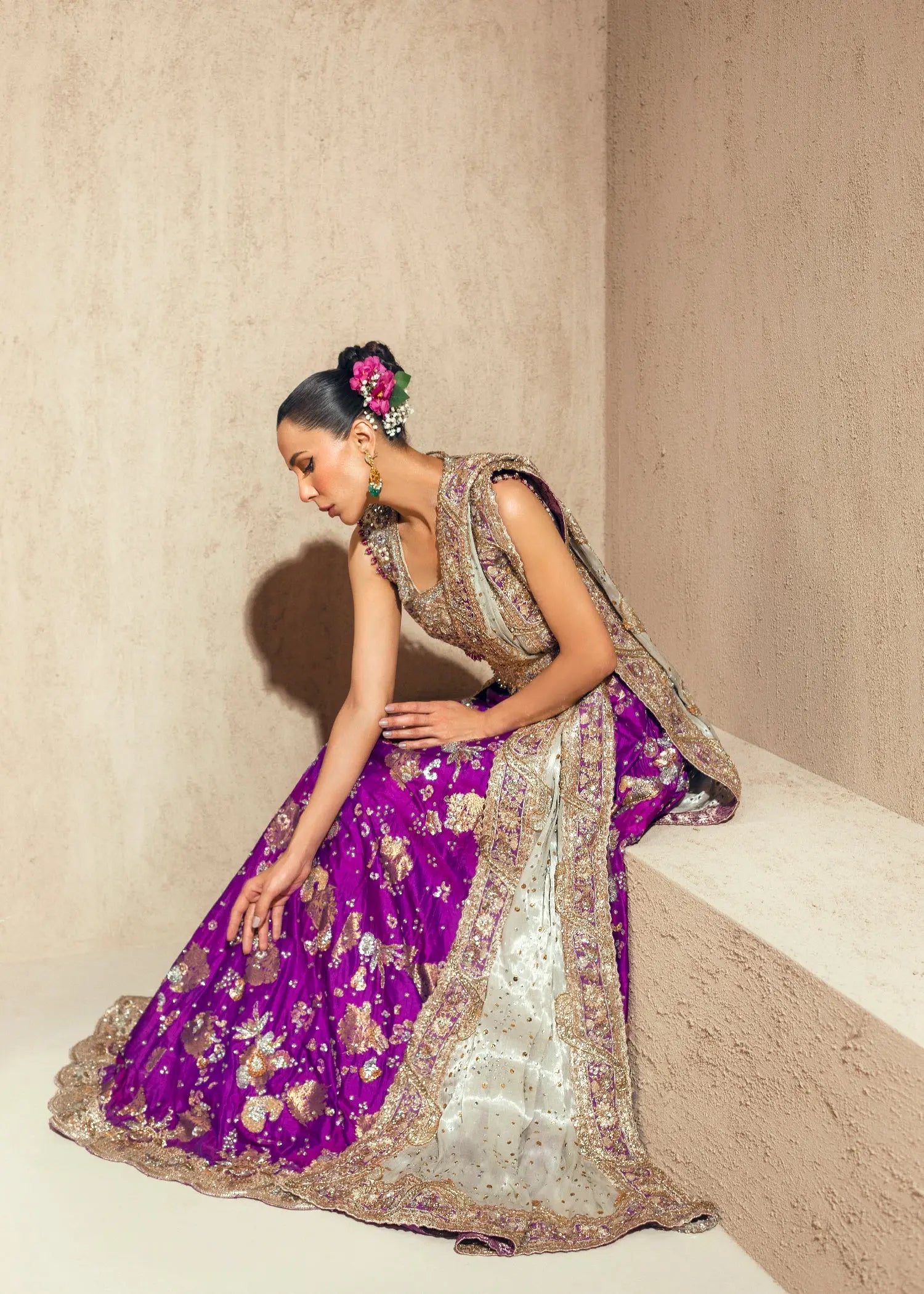 Pakistani Purple Zardozi Silk Lehenga Choli (3-Piece) - Image 3