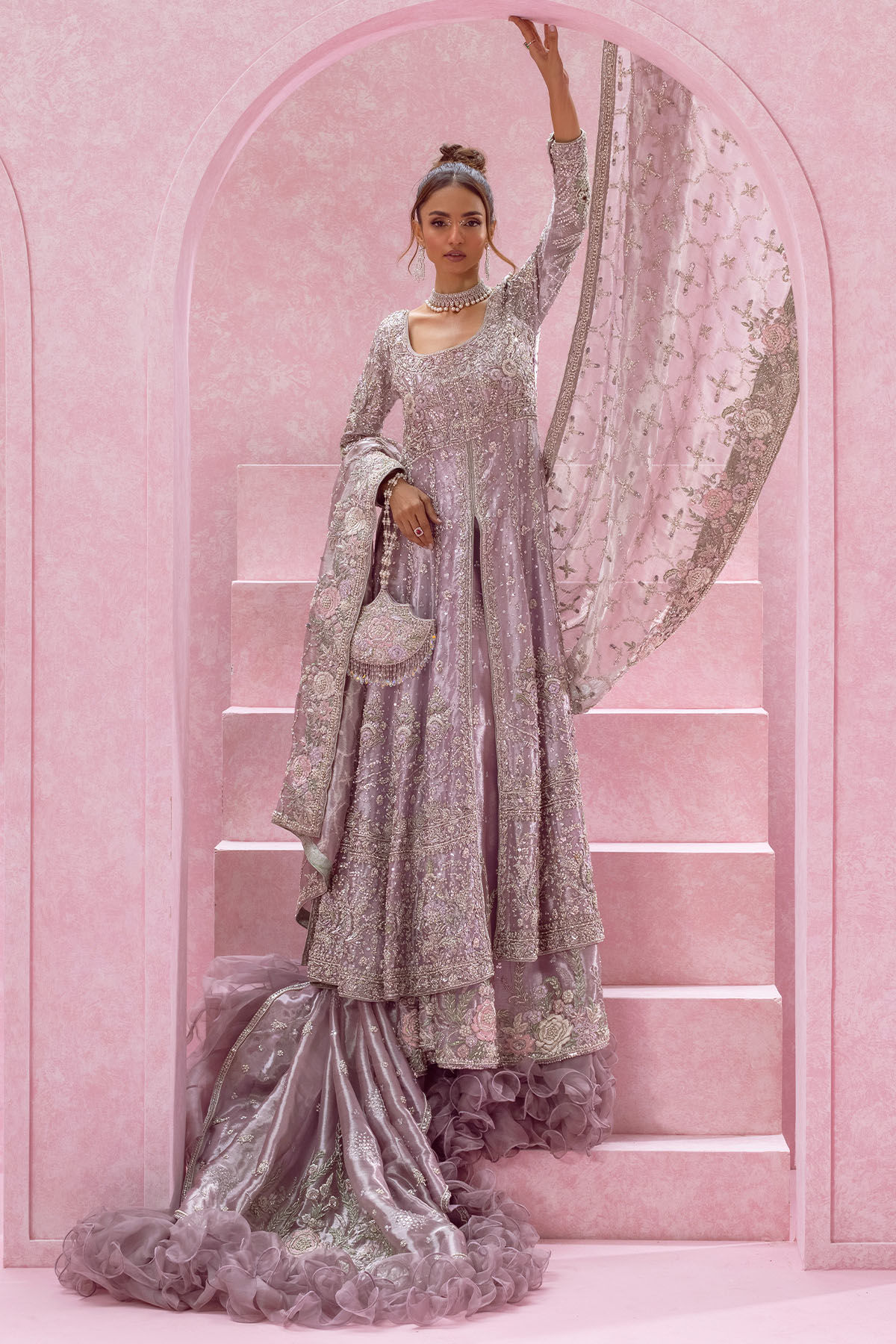 Lilac Zardozi Embroidered Silk Kalidar Lehenga (3-Piece) - Image 1