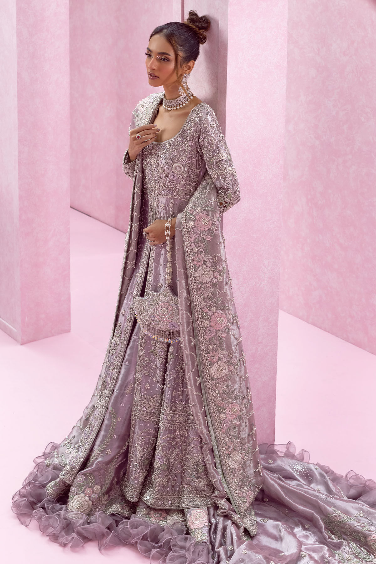 Lilac Zardozi Embroidered Silk Kalidar Lehenga (3-Piece) - Image 2