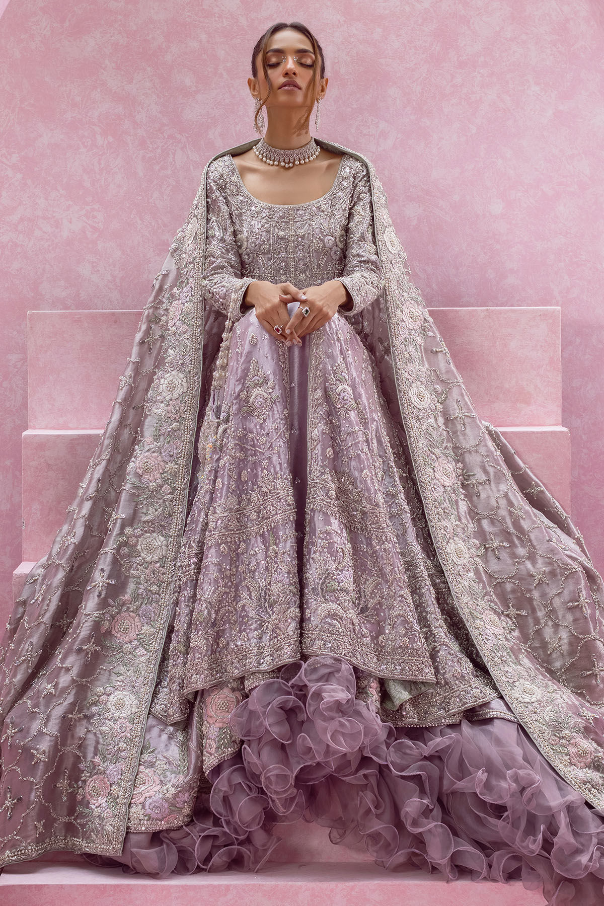Lilac Zardozi Embroidered Silk Kalidar Lehenga (3-Piece) - Image 3
