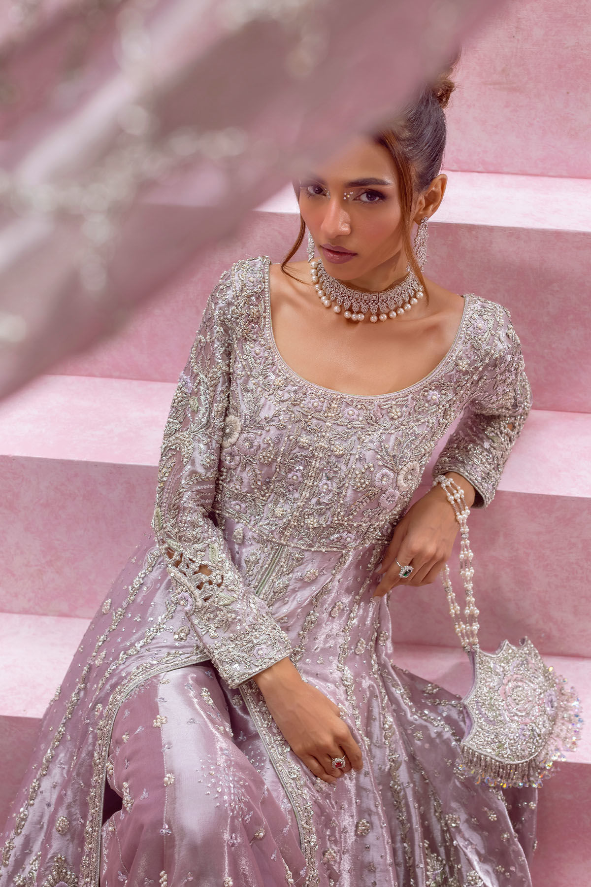 Lilac Zardozi Embroidered Silk Kalidar Lehenga (3-Piece) - Image 4