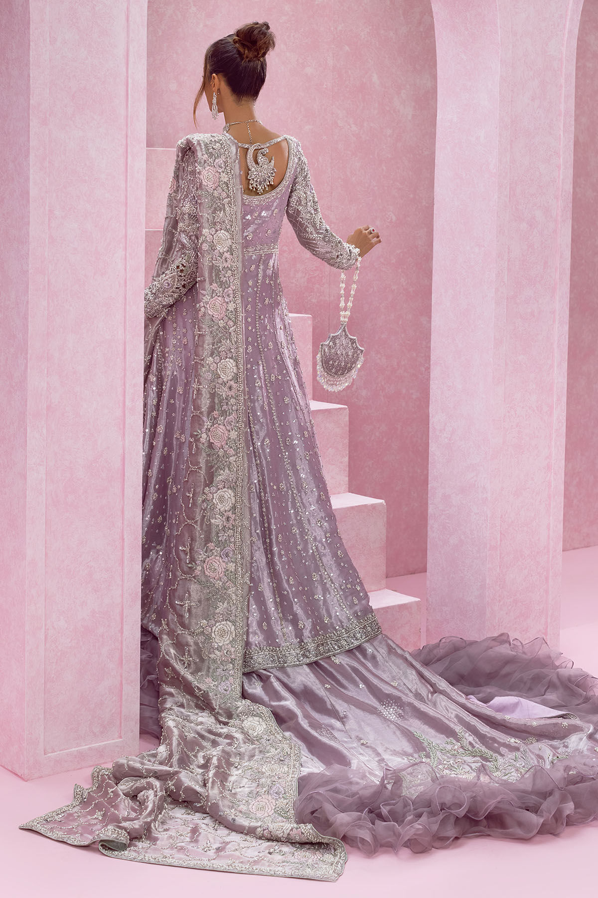 Lilac Zardozi Embroidered Silk Kalidar Lehenga (3-Piece) - Image 5