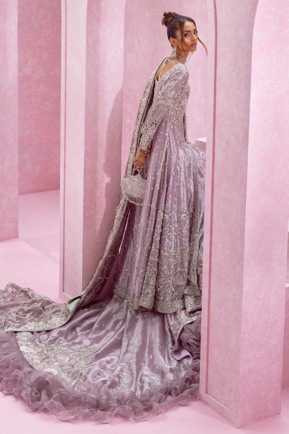 Lilac Zardozi Embroidered Silk Kalidar Lehenga (3-Piece) - Image 6