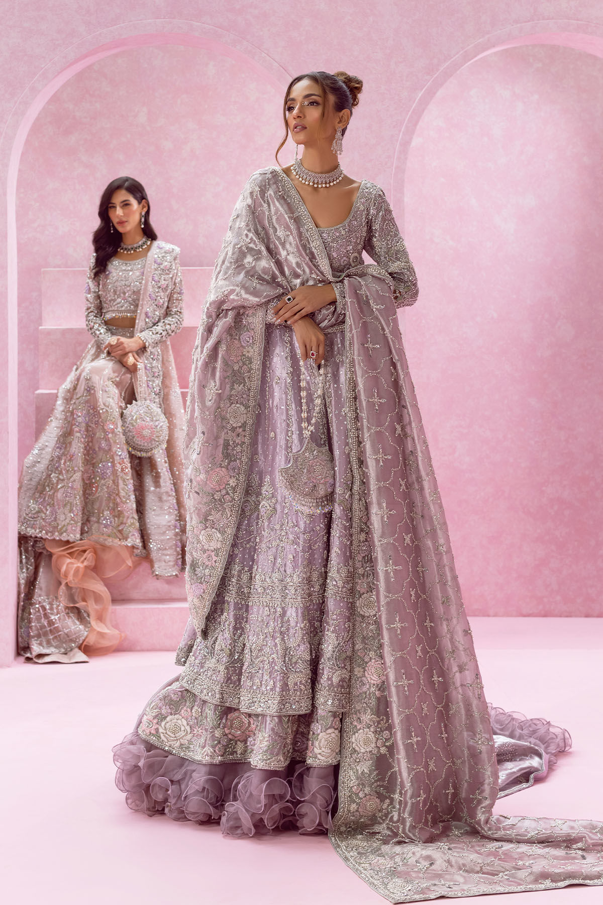 Lilac Zardozi Embroidered Silk Kalidar Lehenga (3-Piece) - Image 7
