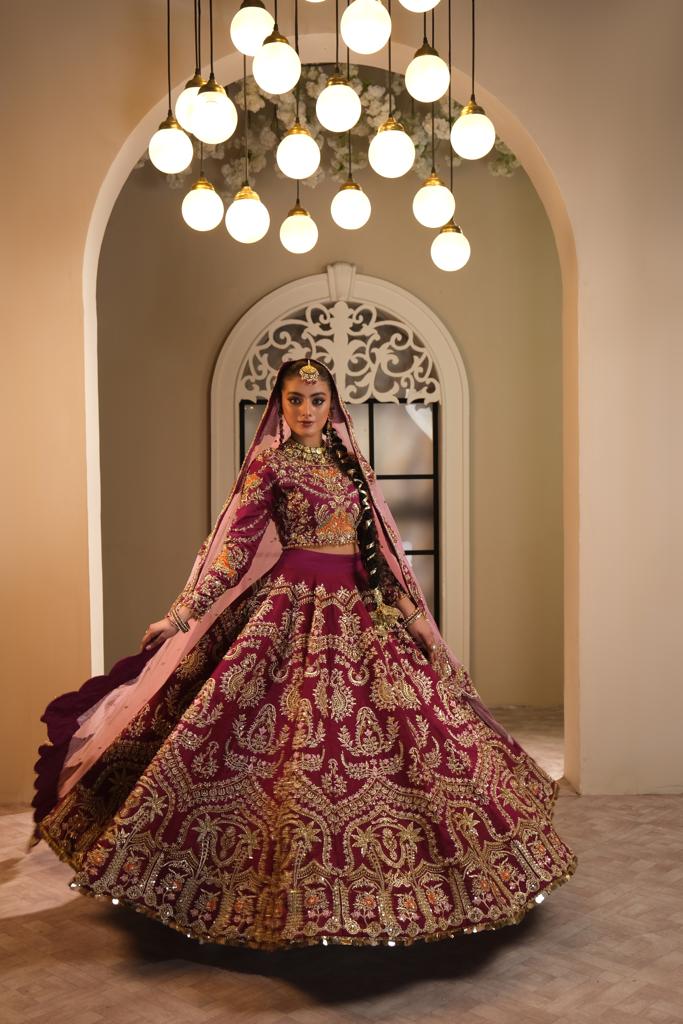 Pakistani Plum Embellished Silk Bridal Lehenga Choli (3-Piece) - Image 1