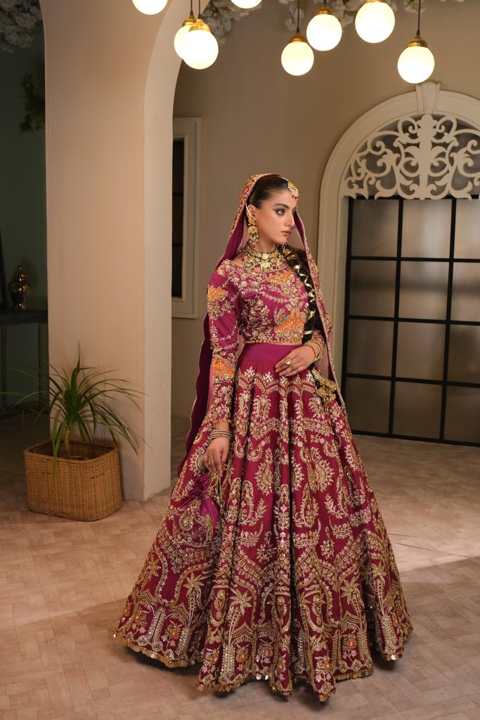 Pakistani Plum Embellished Silk Bridal Lehenga Choli (3-Piece) - Image 2