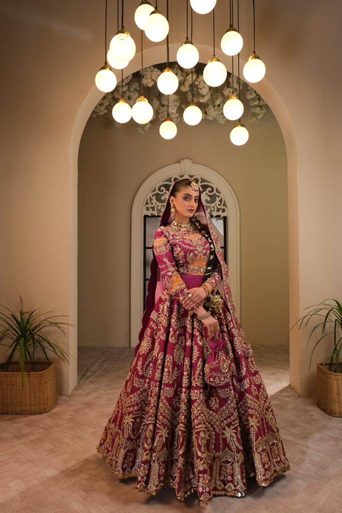 Pakistani Plum Embellished Silk Bridal Lehenga Choli (3-Piece) - Image 3