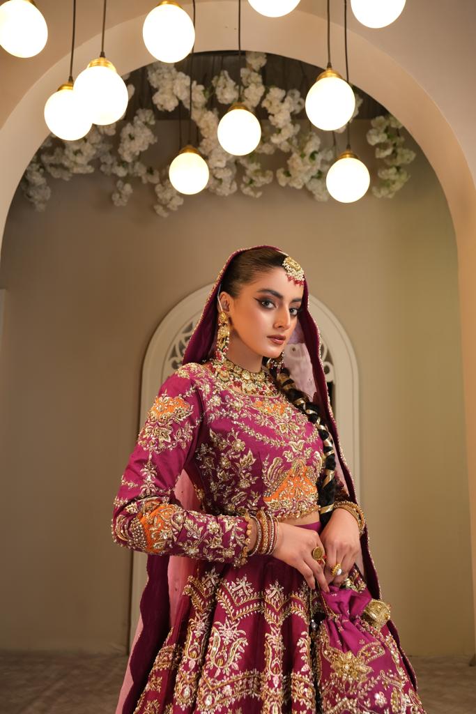 Pakistani Plum Embellished Silk Bridal Lehenga Choli (3-Piece) - Image 4