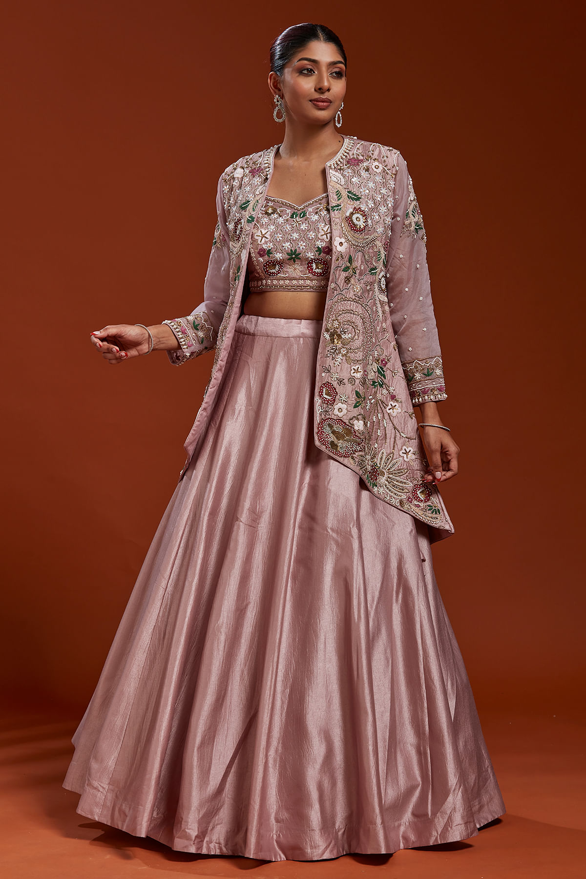 Indian Lilac Zardosi Embroidered Silk Indo-Western Lehenga (3-Piece) - Image 1